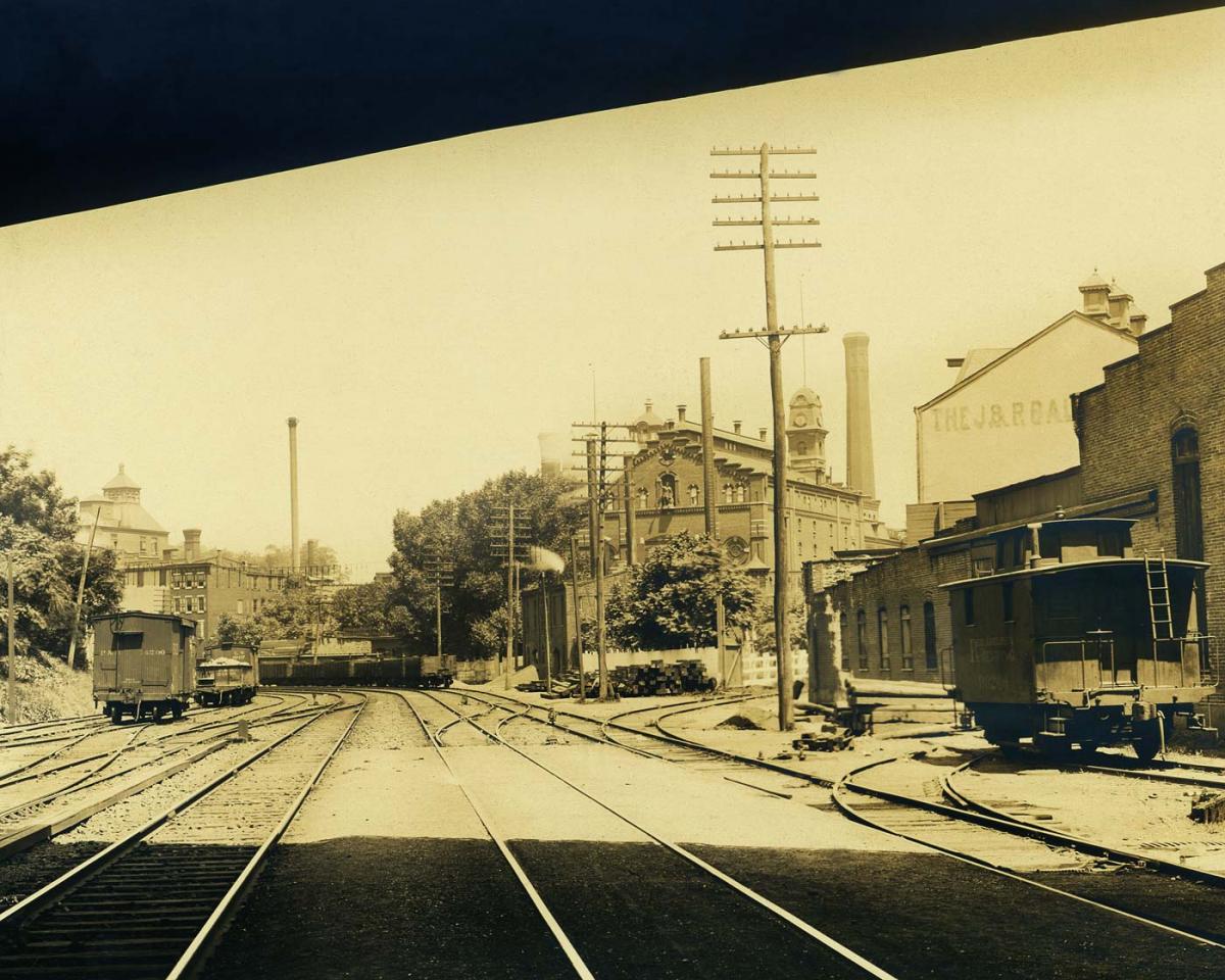 Railroad tracks in a brewery yard