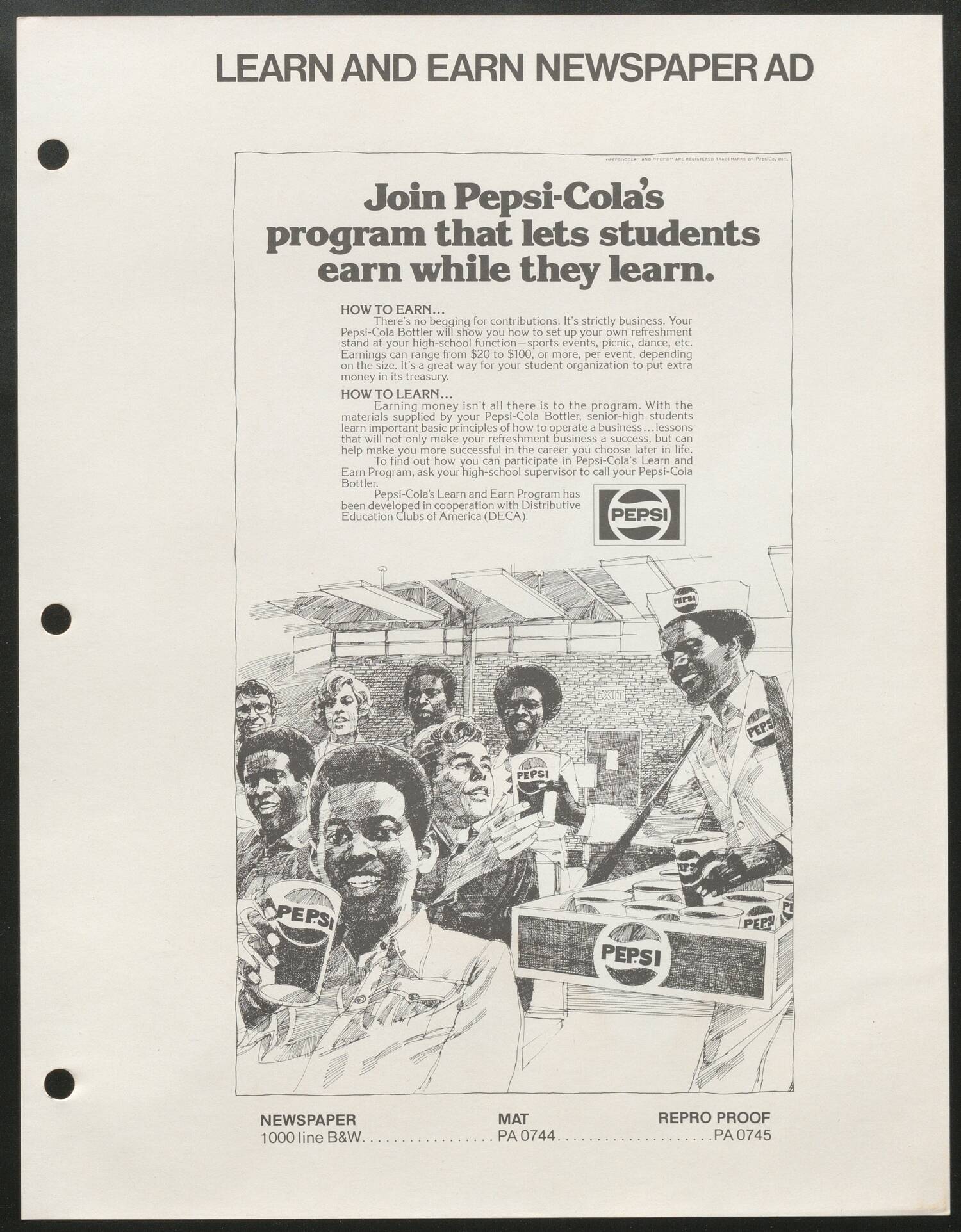 Learn and Earn Newspaper Ad for Pepsi, 1977