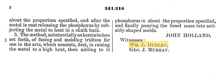 Detail of Patent #241,216, Process of Fusing and Molding Iridium, awarded to John Holland of Cincinnati, OH, May 10, 1881.