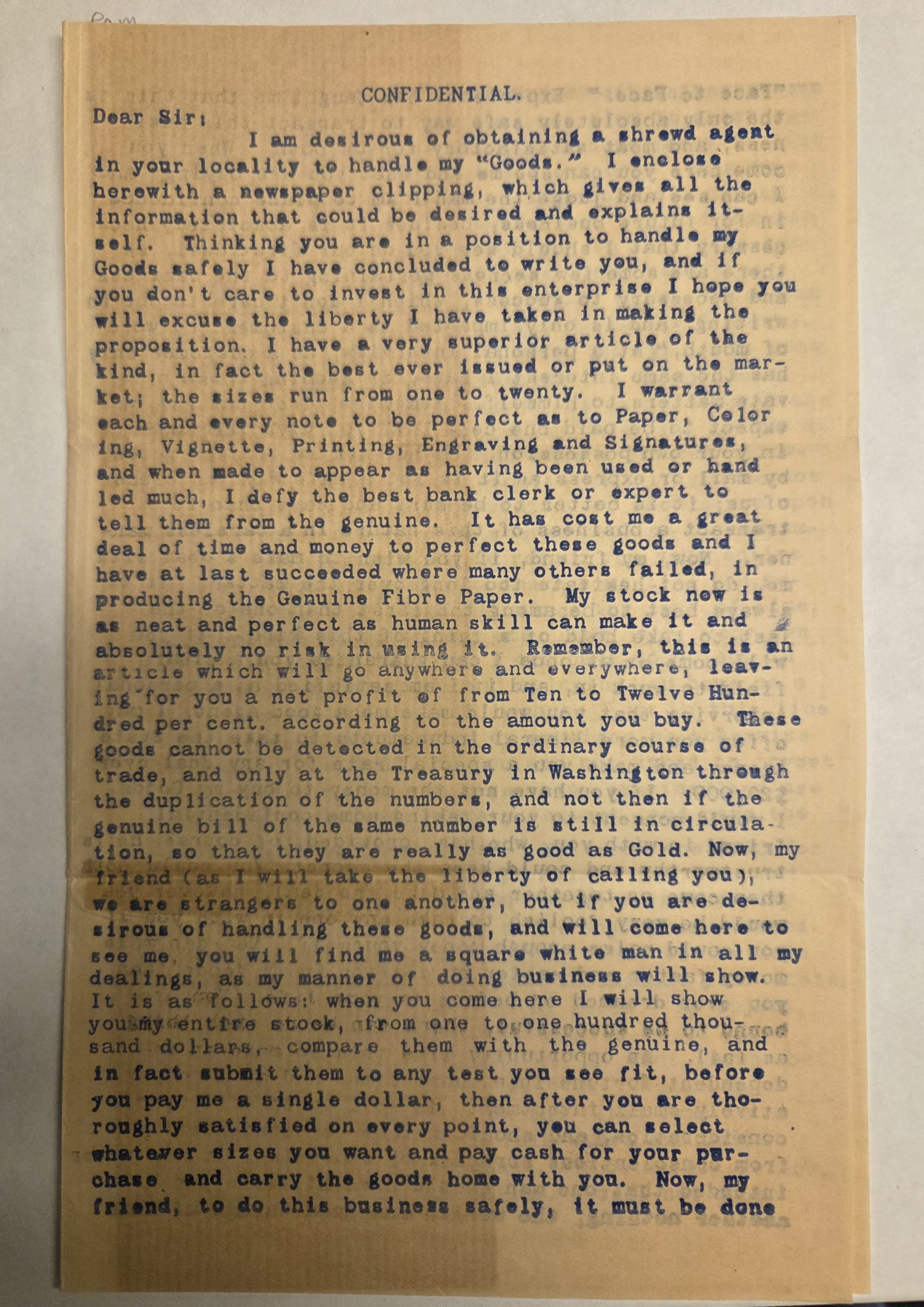 First page of a direct appeal from a counterfeiter seeking someone to distribute "goods"