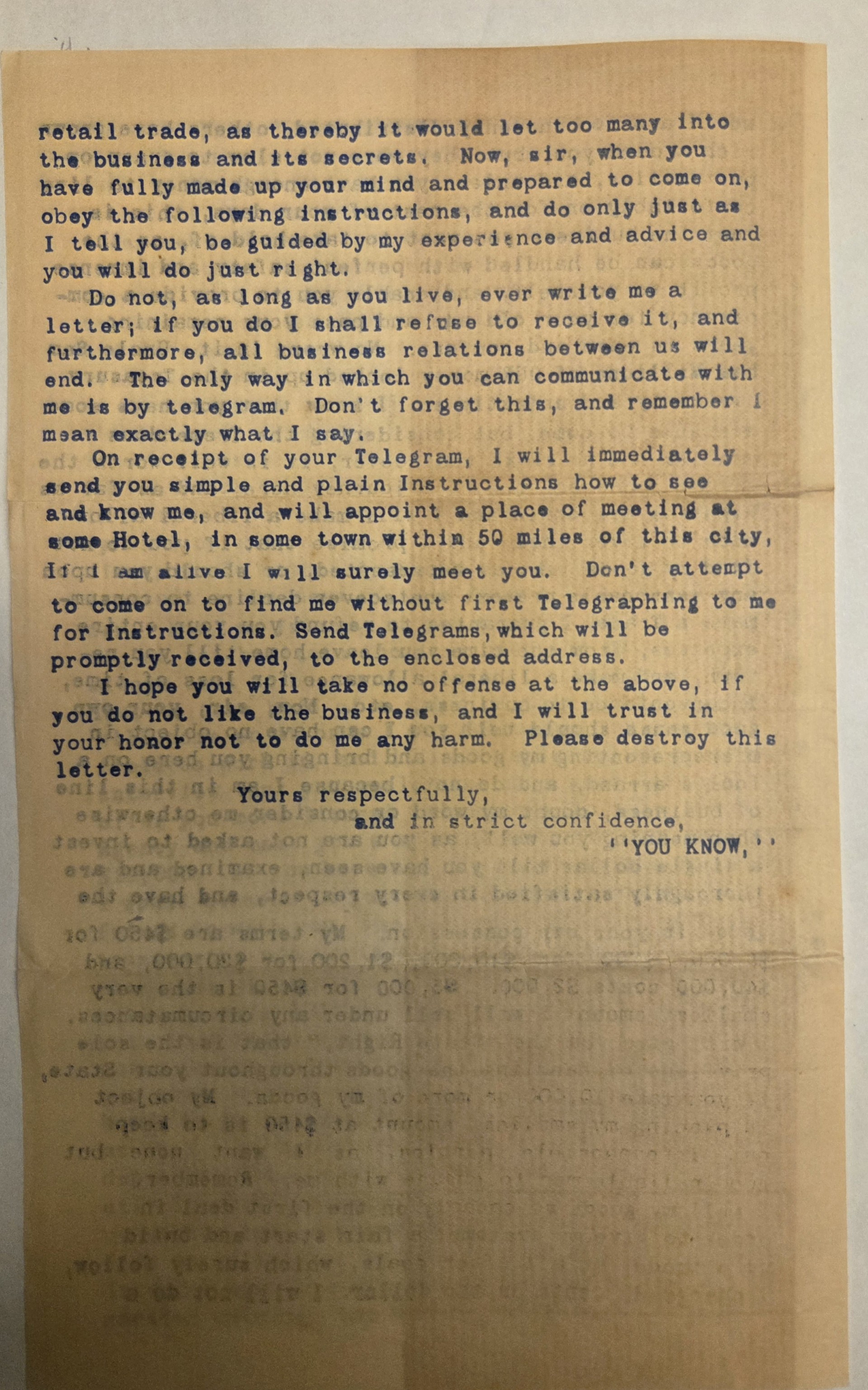 Second page of a direct appeal from a counterfeiter seeking someone to distribute "goods"