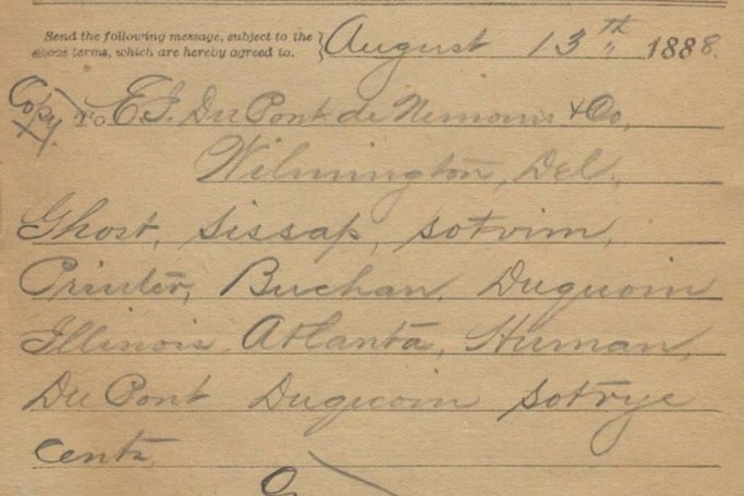 Coded telegram to the DuPont Company, 1888