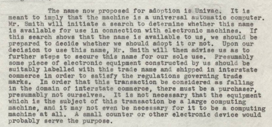 Clip from a memorandum explaining the name "Univac," 1947