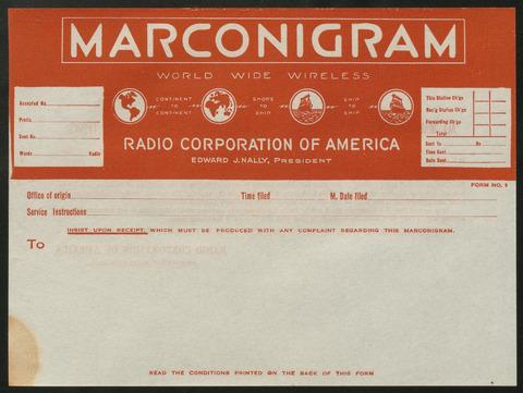 Marconigram form, circa 1919