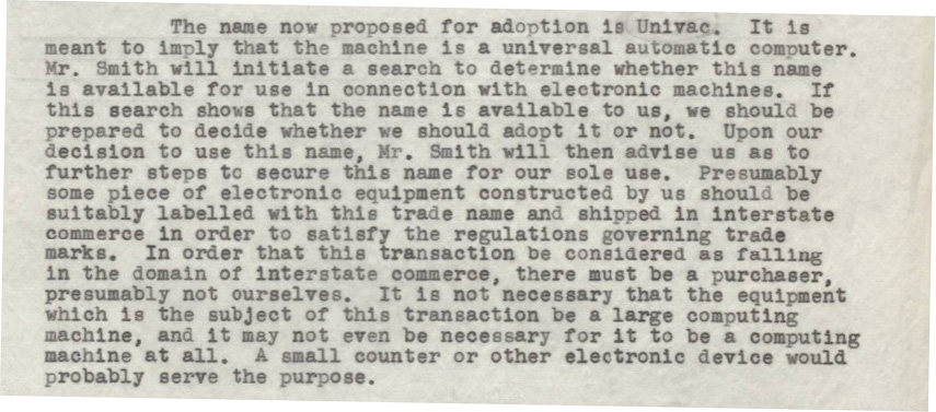 Clip from document on the naming of the UNIVAC computer