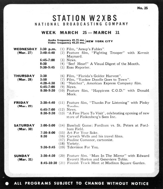 Schedule for station W2XBS, c. 1940