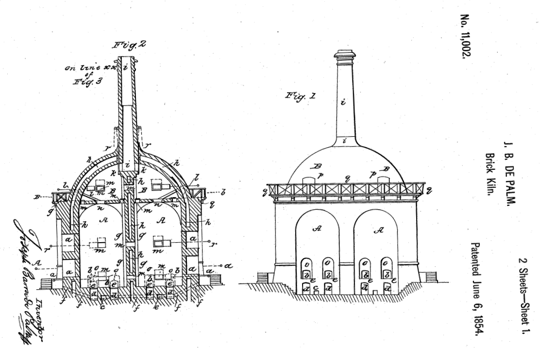 Improvement in Brick and Pottery Kilns, patent #11,002 awarded to Joseph Baron de Palm of New York, New York on June 6, 1854.