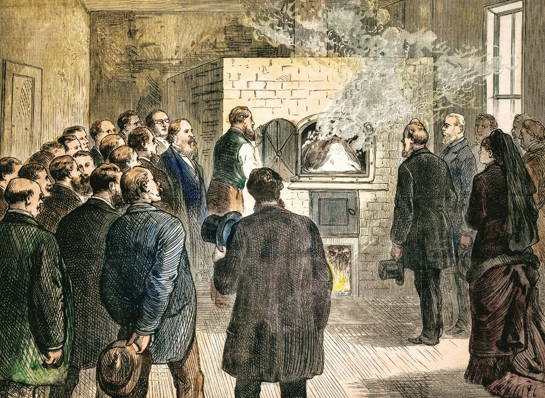 An engraving of witnesses at one of the cremations at LeMoyne’s facility