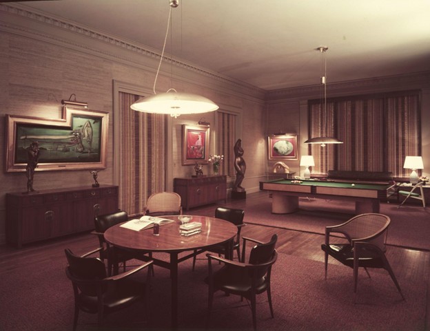 The Game Room at Billy Rose’s Mount Kisco estate, in which are visible three paintings from Dalí
