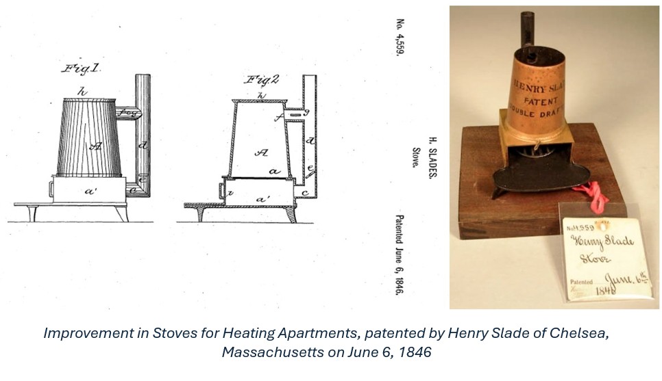 Improvement in Stoves for Heating Apartments, patented by Henry Slade of Chelsea, Massachusetts on June 6, 1846