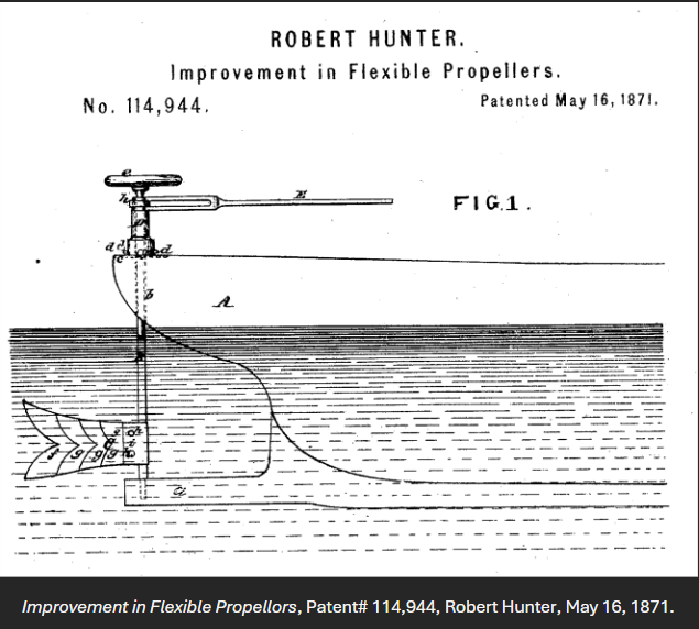 Improvement in Flexible Propellors, Patent# 114,944, Robert Hunter, May 16, 1871.