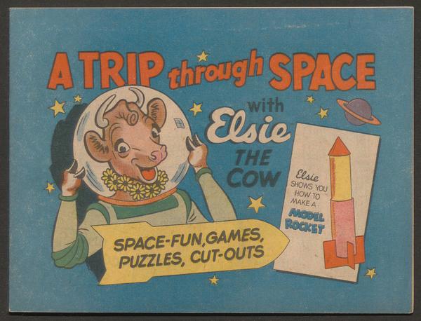 Cover for a children's activity book featuring a color illustration of a cow in a spacesuit, with space-themed objects in the background.