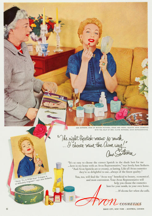 Avon advertisement featuring a color photograph of star Ann Sothern applying lipstick.