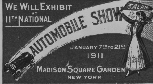 Black and white advertisement for an automobile show featuring an automobile and a woman holding a pennant.