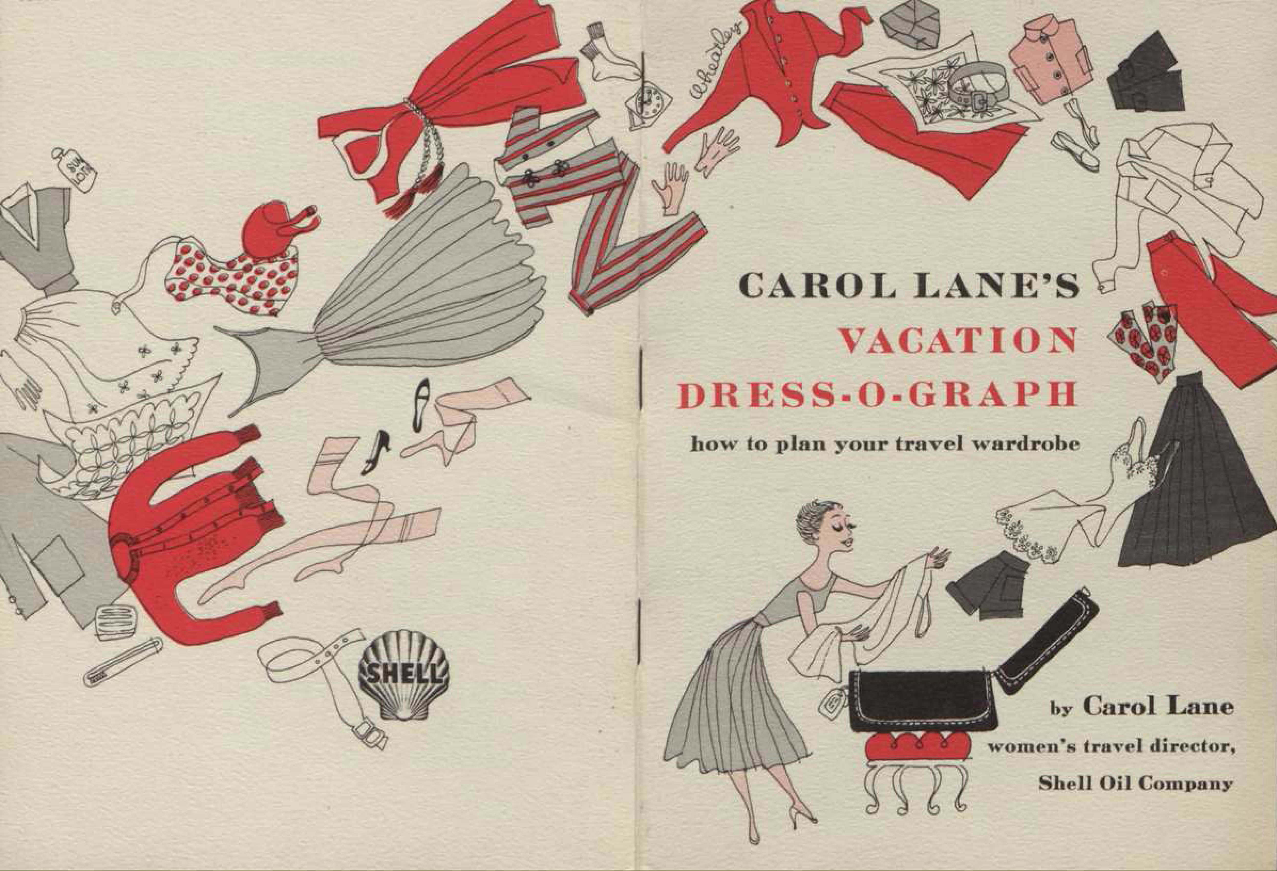 Front and back cover of "Carol Lane's Vacation Dress-O-Graph". Features an illustration of a woman packing a suitcase and an array of clothing.