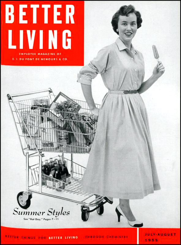 Magazine cover featuring a black and white photograph of a woman pulling a shopping cart and holding a popsicle