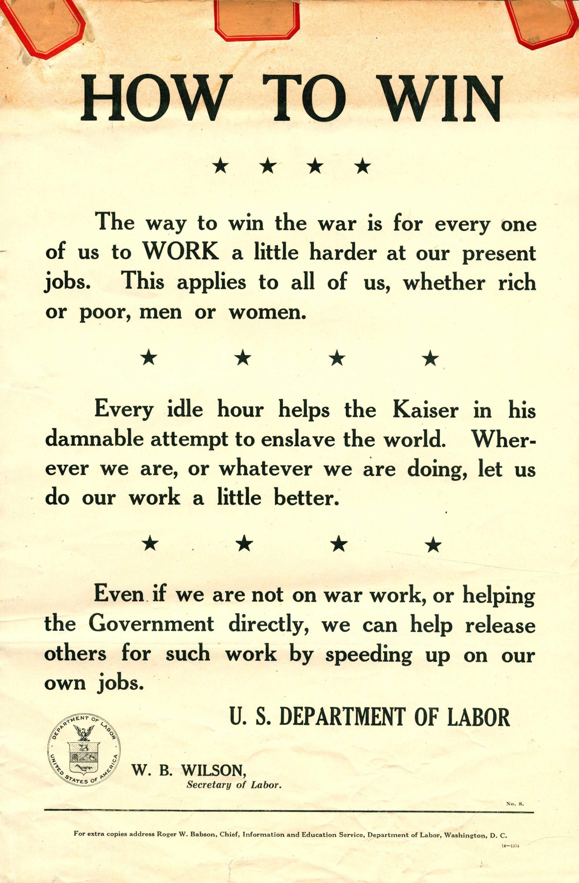 Motivational broadside for war workers, produced during World War 1