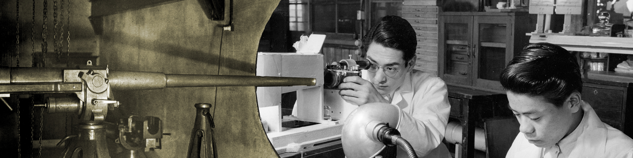 A underground firing gun is mirrored by camera testing at a Canon lab in 1952