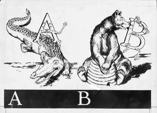 Illustrated letters "A" and "B" with accompanying drawings of animals that also begin with that letter- an alligator and bear.