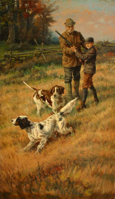 Painting of older man teaching a boy how to hunt with a gun and their two hunting dogs