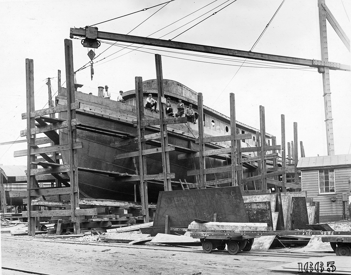 A tugboat is built in the shipyard