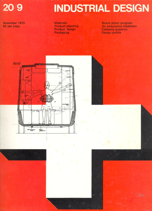 Magazine cover of November 1973 issue of Industrial Design. It is red with a white cross featuring an anatomical drawing of a human.