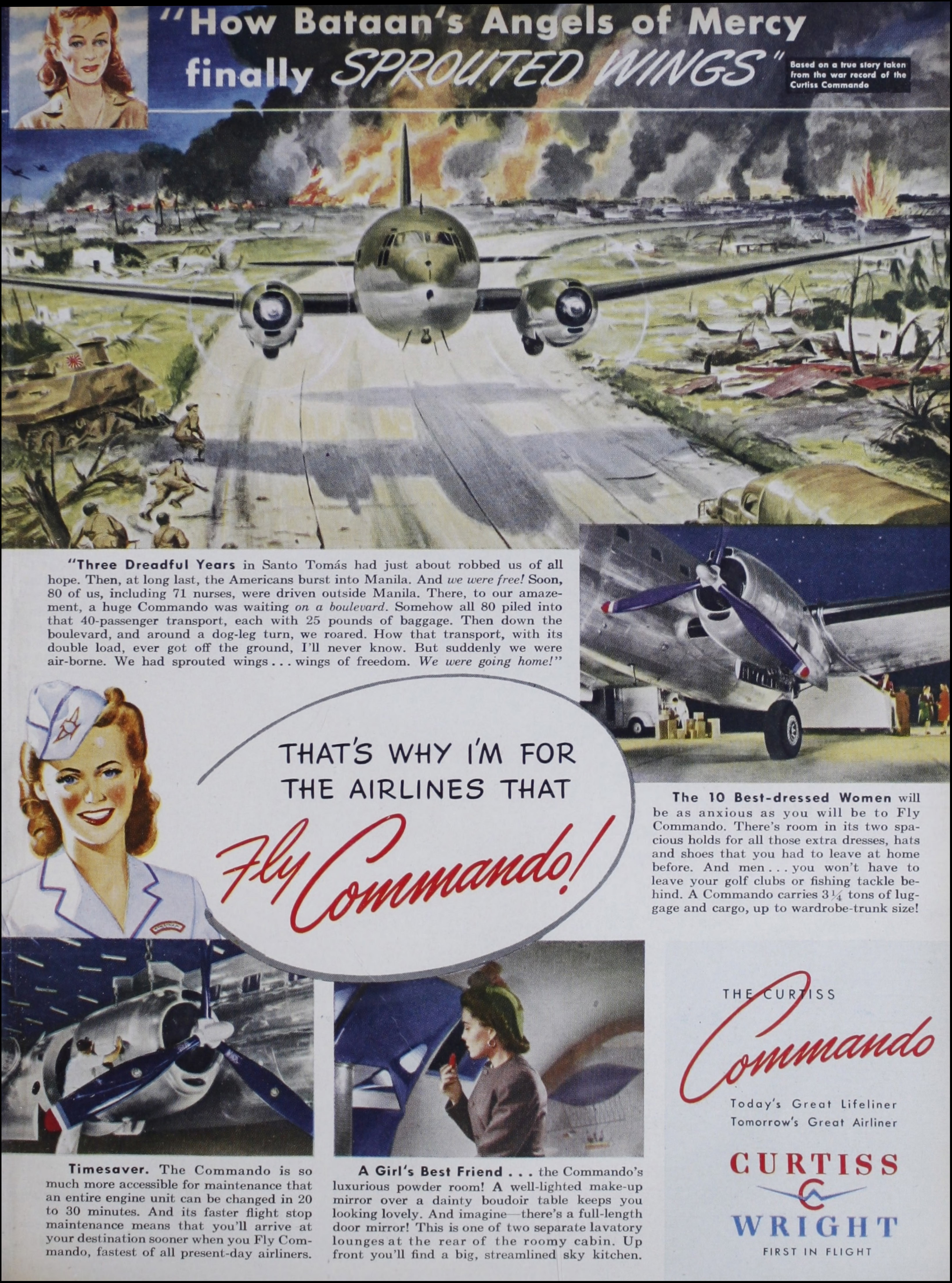 Magazine ad with color illustrations for the Curtiss Commando airliner.