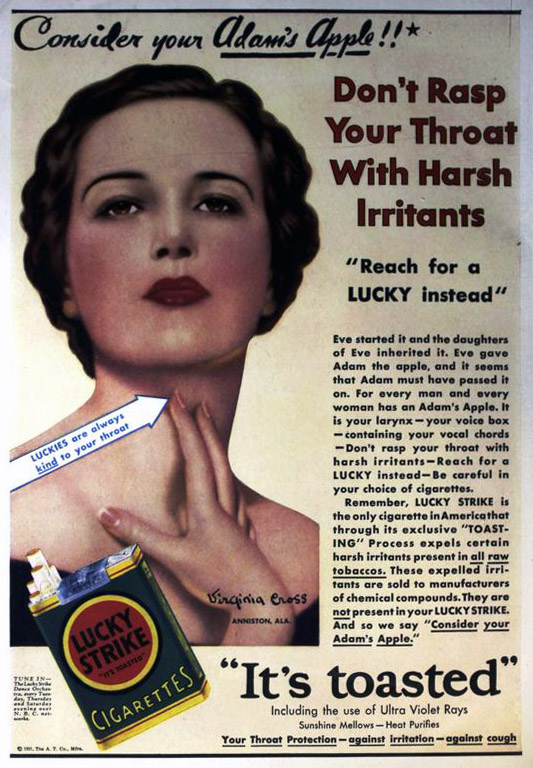 Cigarette ad. Color illustration of a woman with the tagline "Consider your Adam's Apple!!!"