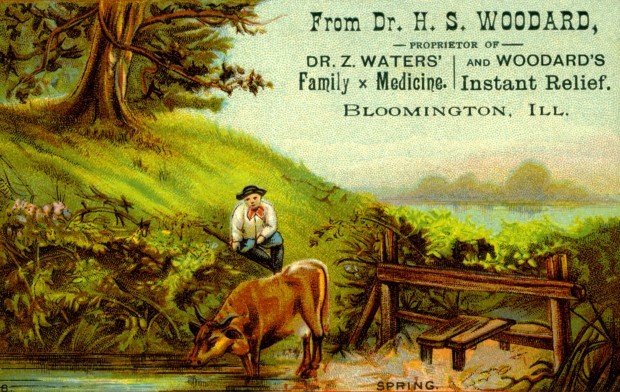 An advertising card for “Instant Relief”, a patent medicine manufactured by Waters and Woodard.