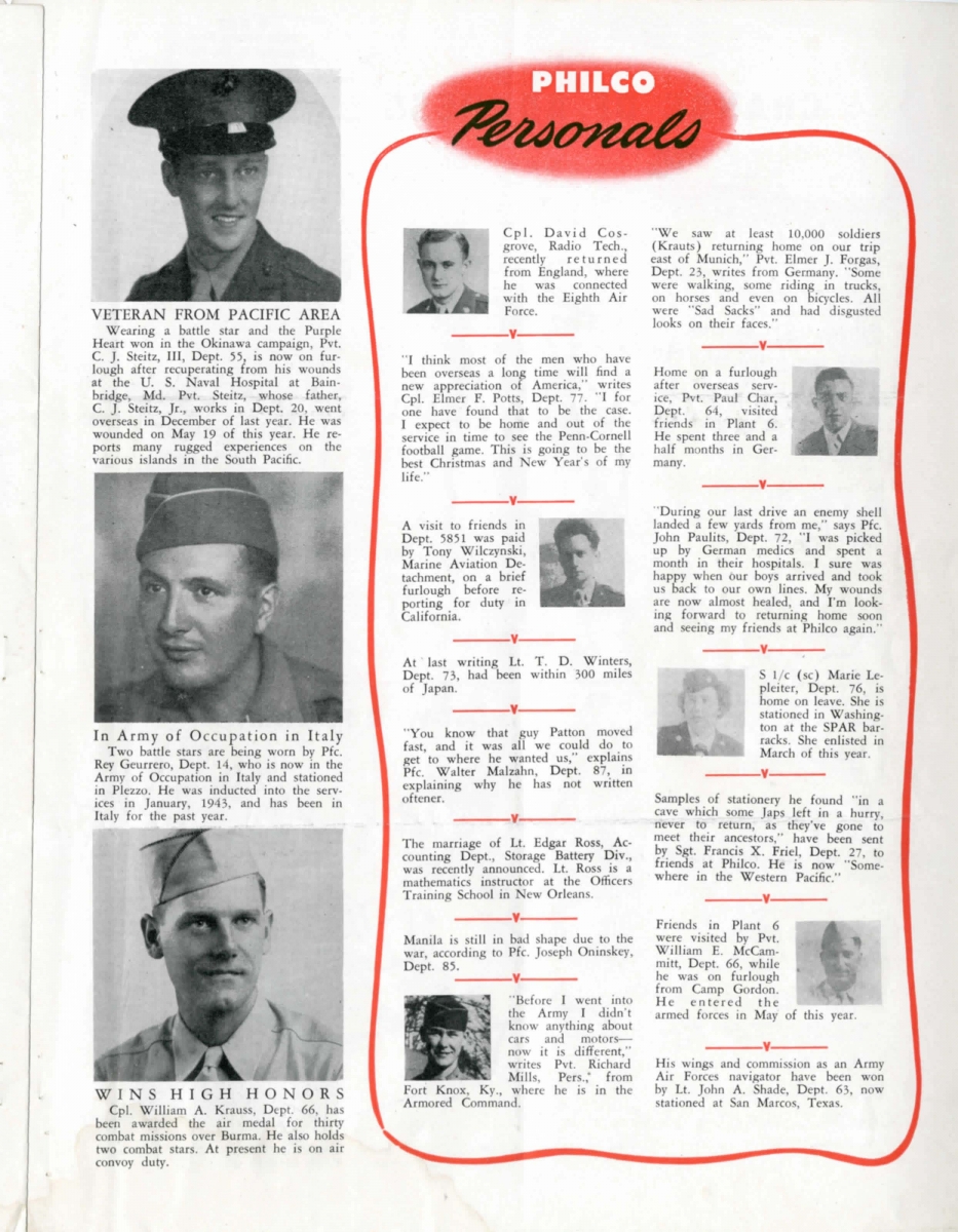 Philco personnel turned soldiers are highlighted during WWII