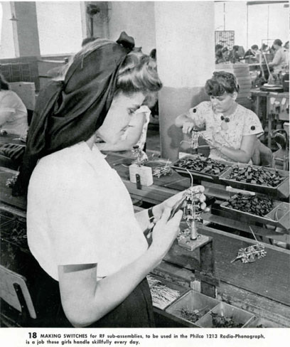 Women workers making switches to be used in the Philco 1213 Radio-Phonograph