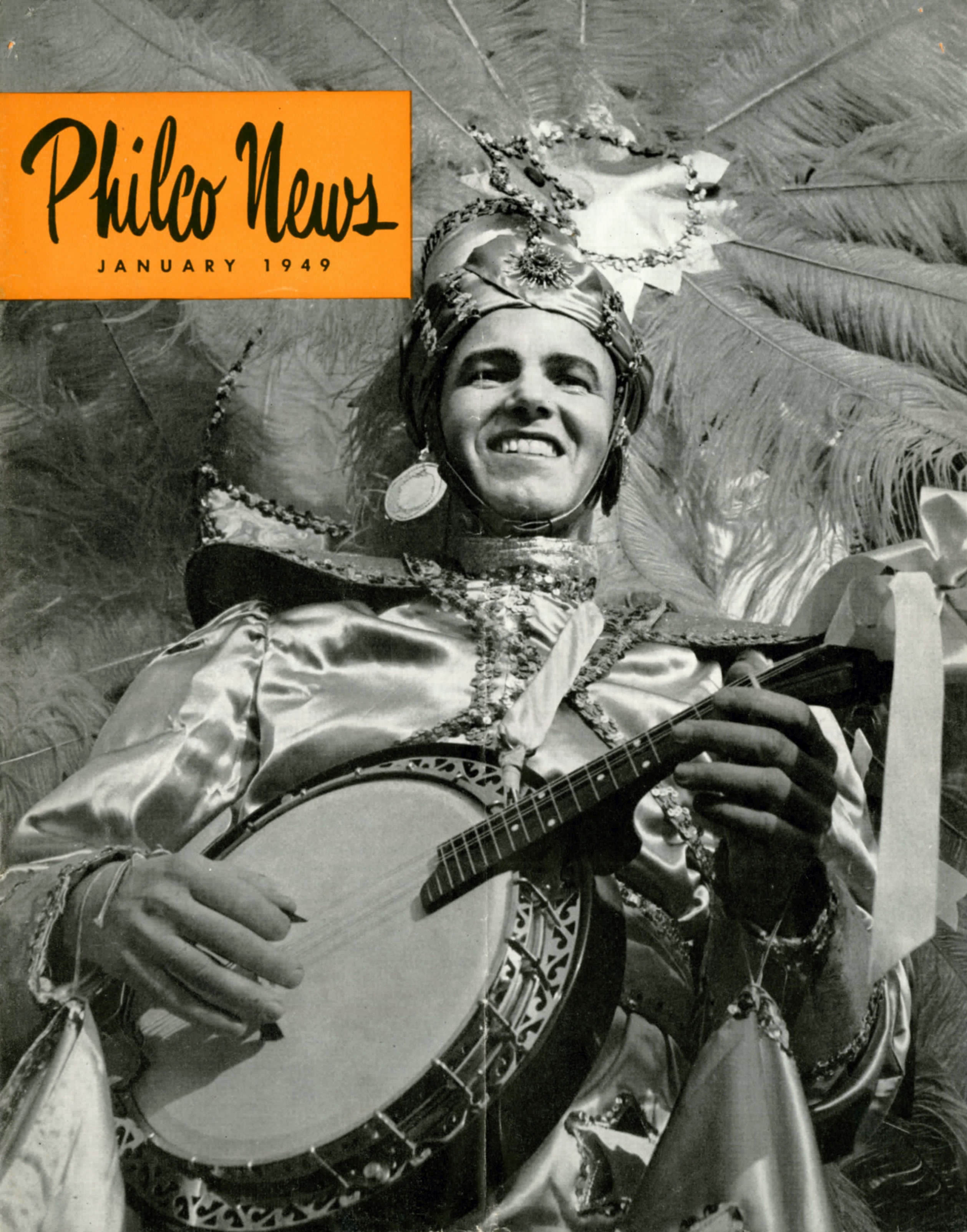 Cover of Philco News featuring a black and white photograph of a Mummer.