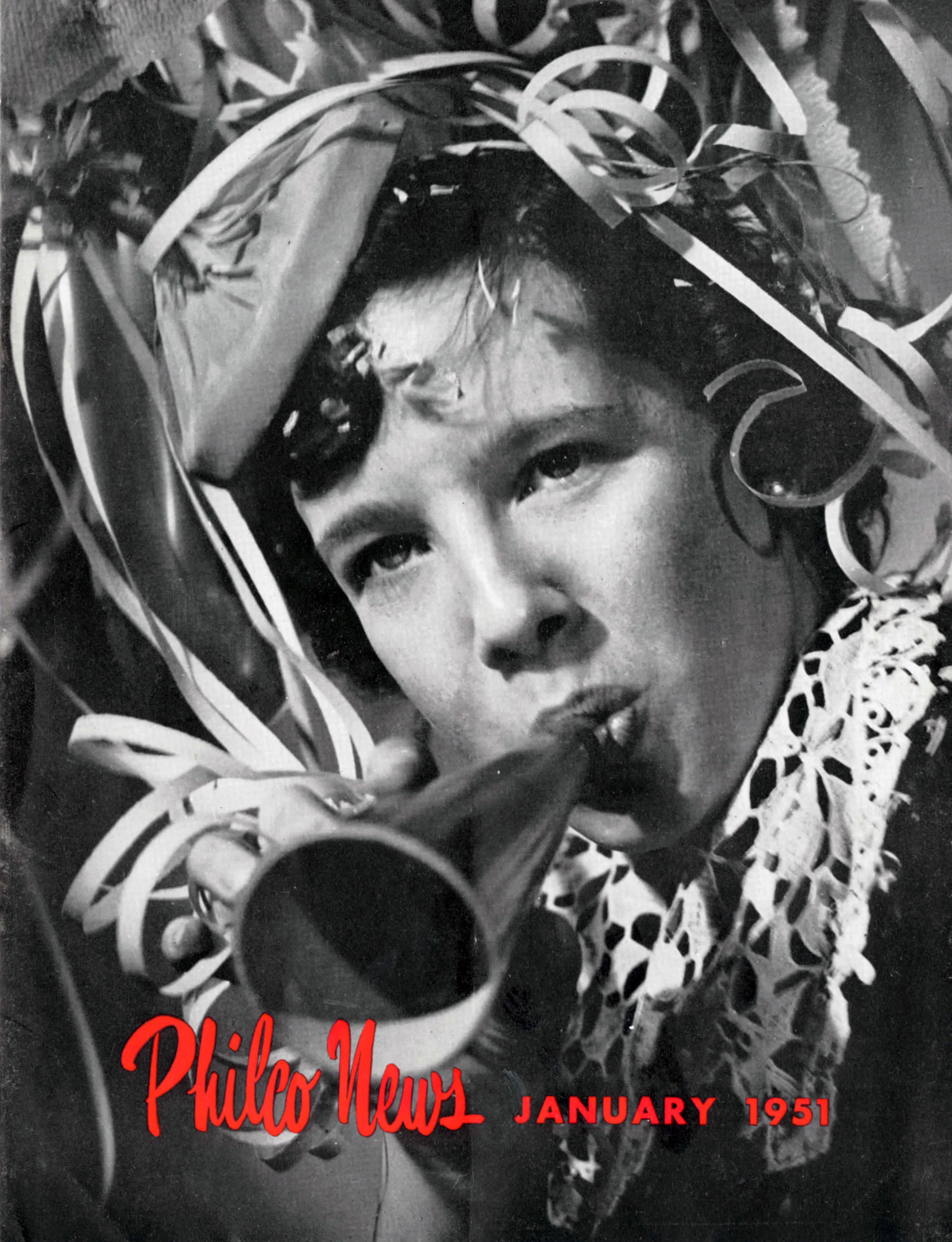 Cover of Philco magazine, showing a black and white photograph of a woman blowing into a noisemaker.