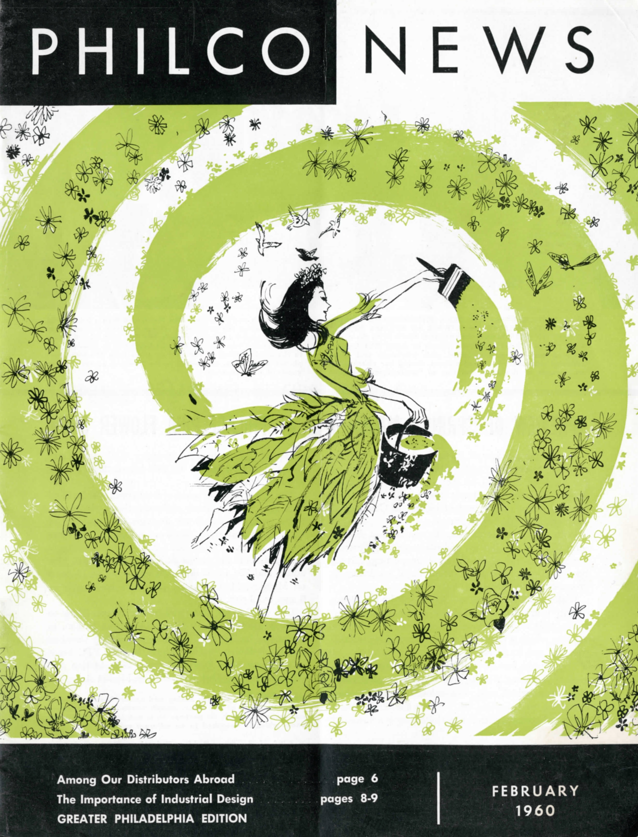 Magazine cover featuring a fairy-like figure with a paintbrush spreading a swirl of green flowers.