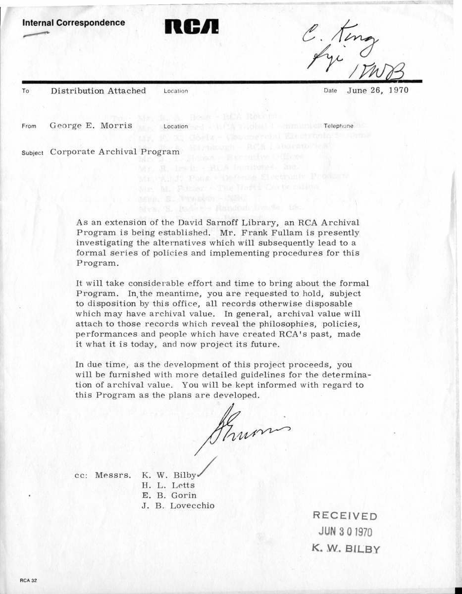 Letter about Corporate Archival Program