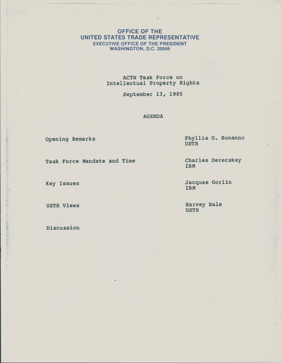 Advisory Committee for Trade Negotiations Task Force agenda 1985