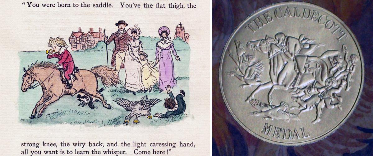 An illustration of a boy riding a horse and the ala medal next to it