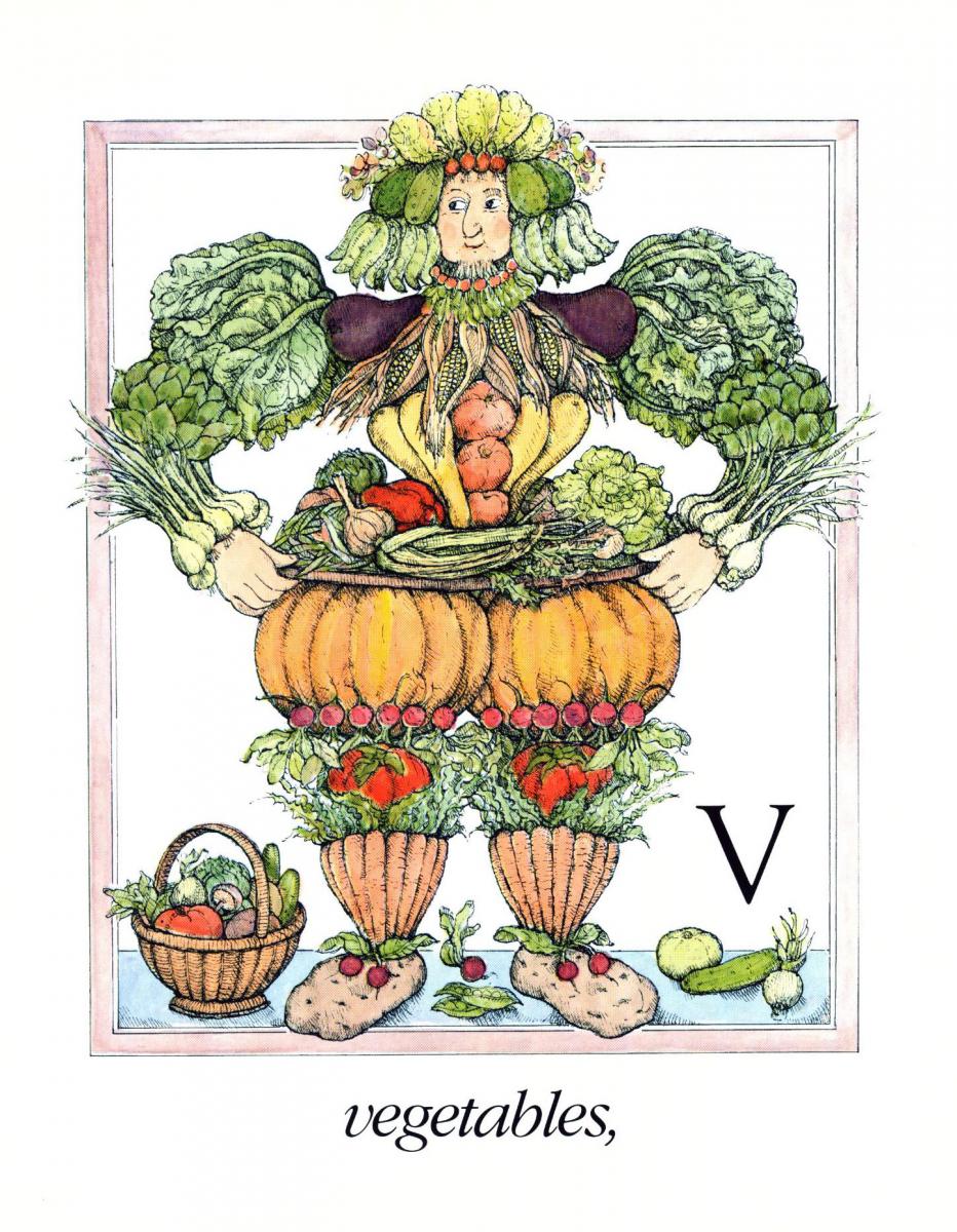“V” is for vegetables, one of 26 commodities for sale on Anita Lobel’s fanciful Market Street.