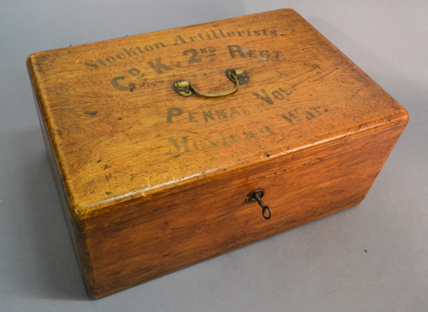 Wooden Box locked with key and with faded text printed on top