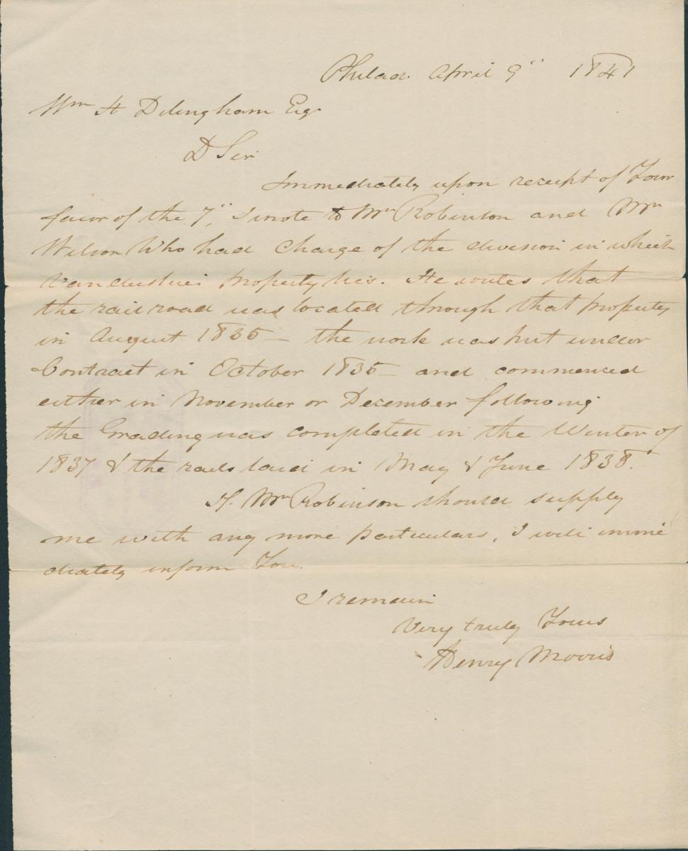 Handwritten letter about railroad construction