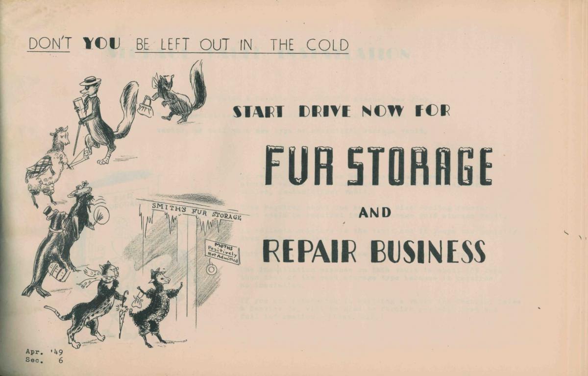 Page on fur storage with animals walking into cold fur storage.