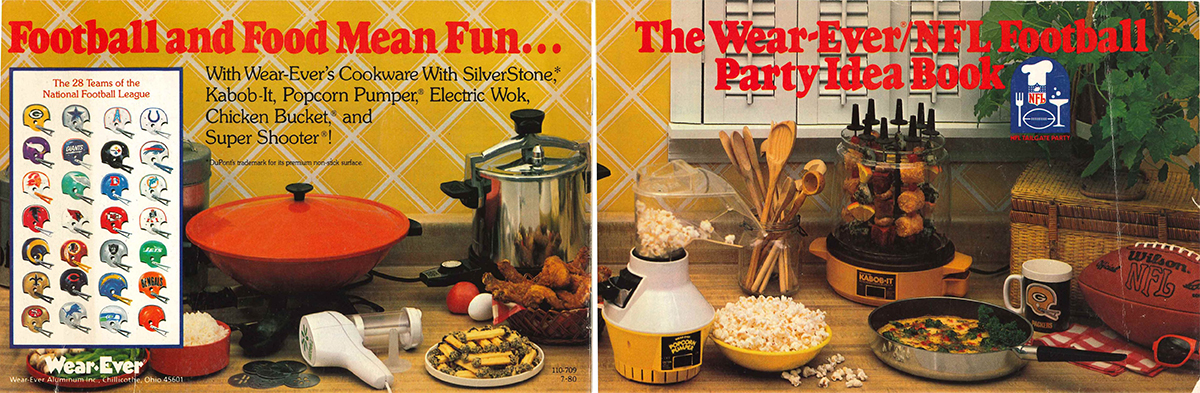 This is the front and rear cover for a promotional cookbook from Wear-Ever, 1980 – all of the products on these pages were designed by Johnson! 