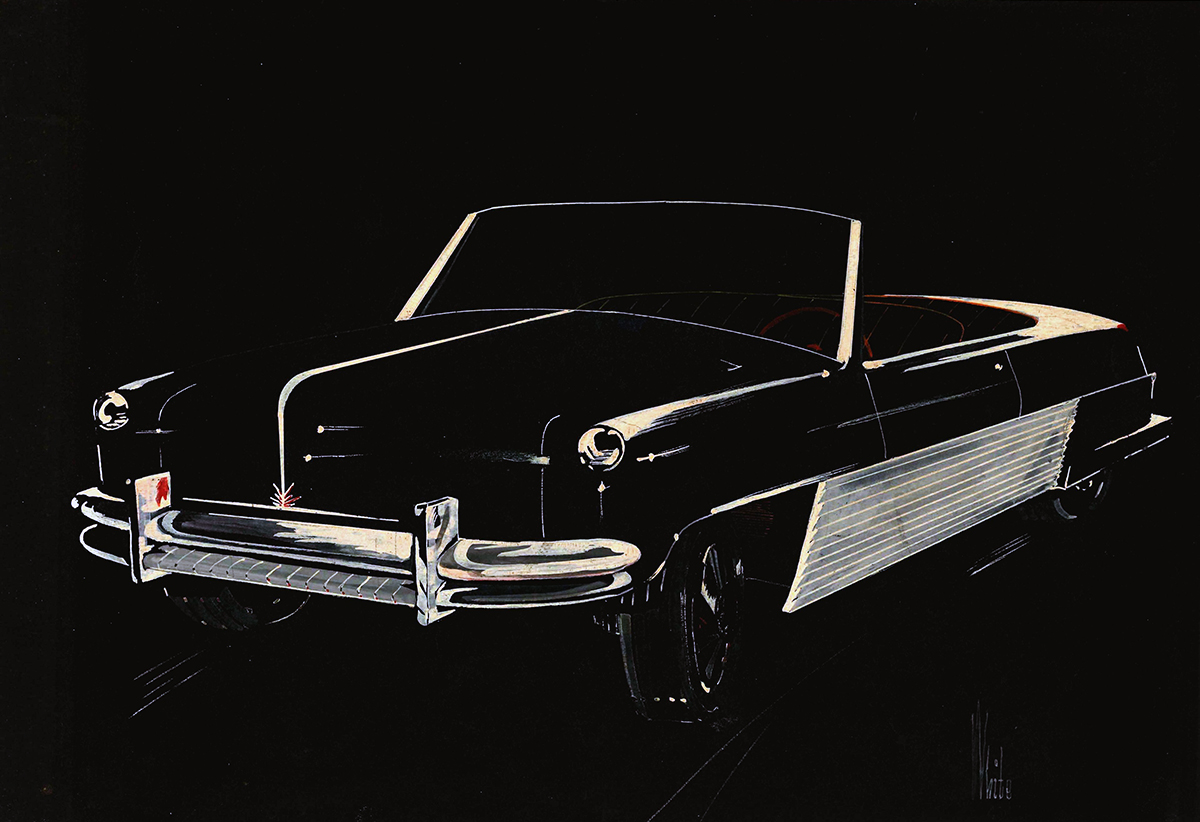 Design for an automobile, by Ken White, undated. White’s signature is in the lower right corner.