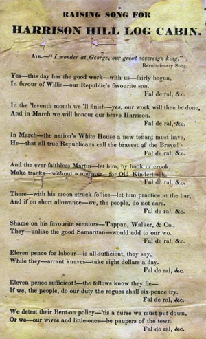 A promotional card from the 1840 Log Cabin campaign. Printed on it is the "Raising Song for Harrison Hill Log Cabin"