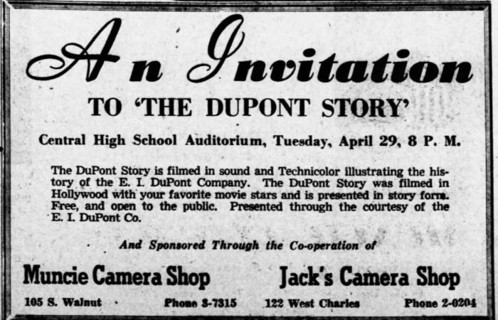 April 27 1952 ad from the Muncie Star Press inviting people to attend a showing of "The DuPont Story"