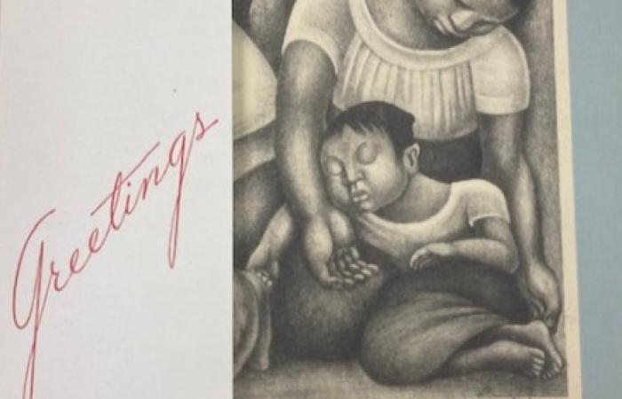 Close-up of a Diego Rivera illustrated greeting card by American Artists Group
