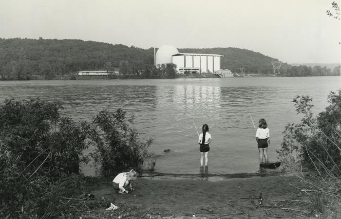 Black and white image of a nuclear power plant