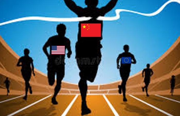 An image of runners in a race representing different countries. The figures are black outlines with flags on their chests. China is beating the United States.