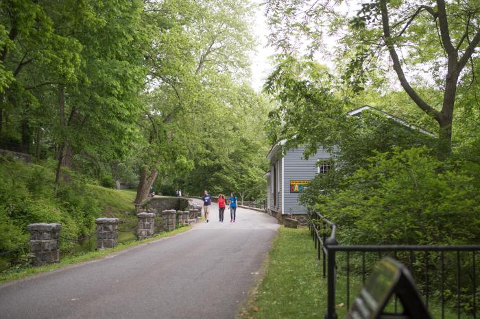 Visitors walk the path at Hagley.