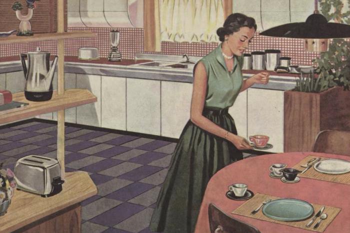 Woman in 1950s style kitchen